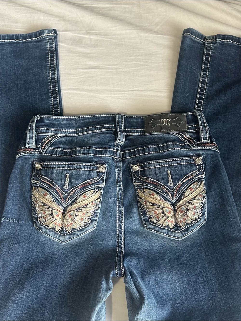 Miss Me Dark Blue Boot Cut Jeans with Embroidered Butterfly Pockets